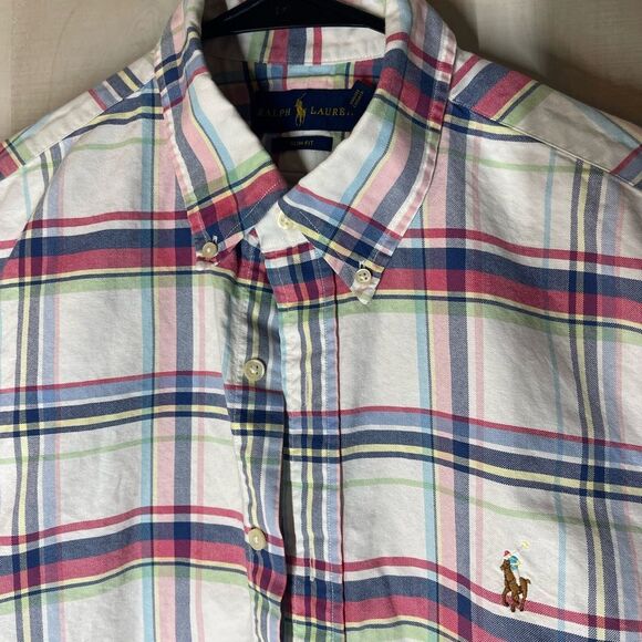 Ralph Lauren slim fit white pink plaid short sleeve  button front shirt, large - Picture 6 of 8